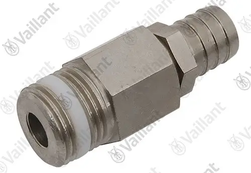 Vaillant Entleerungsventil aus Metall mit einer Gewindeverbindung auf der einen Seite und einer glatten Verbindung auf der anderen Seite.